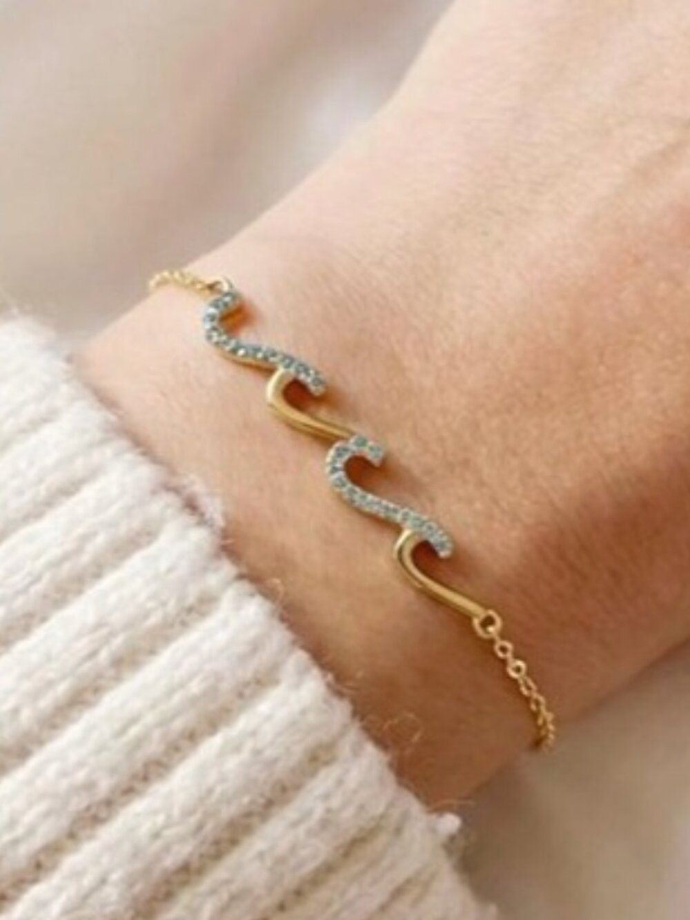 Waterproof Gold Wave Bracelet Blue CZ Ocean Jewelry Adjustable